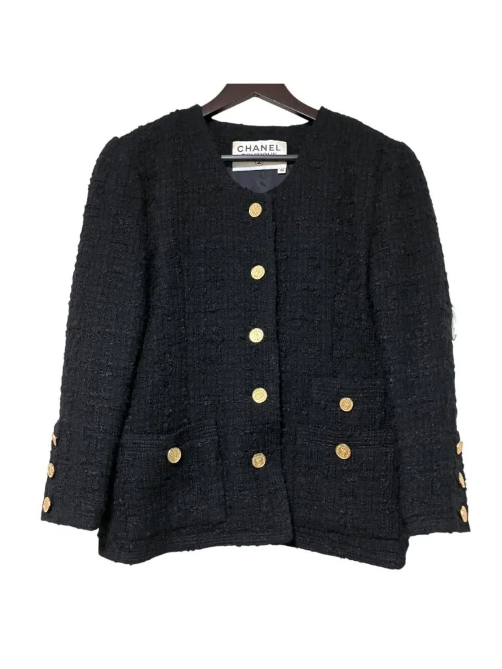 Chanel Vintage CC Logo Button Gold Tweed Jacket Skirt Set 38 Black